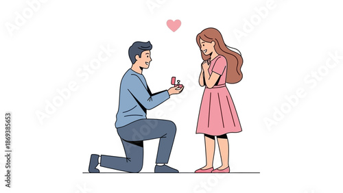 Man proposing to woman with engagement ring in romantic cartoon style