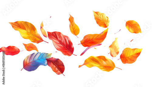 Colorful autumn leaves in mid-air against a stark black background