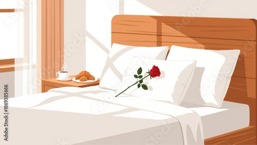 Cozy bedroom with rose on bed and breakfast tray by window