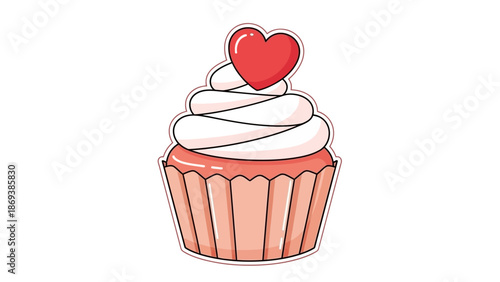 Cute cupcake with heart topper in cartoon style on white background