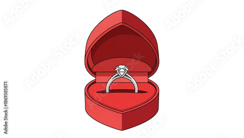 Heart-shaped red jewelry box with diamond engagement ring