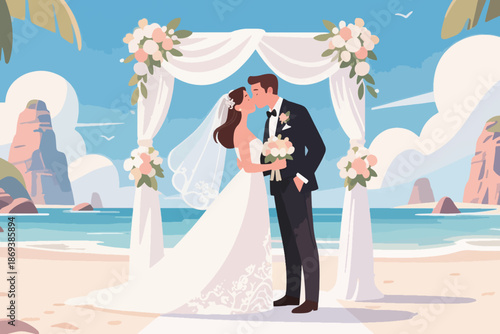 Bride and groom under beach wedding arch with ocean view, floral decor, and romantic atmosphere.