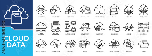 Cloud data icon set collection. Containing share, database, server, collaboration, communicate, computing, report .Line vector icons collection