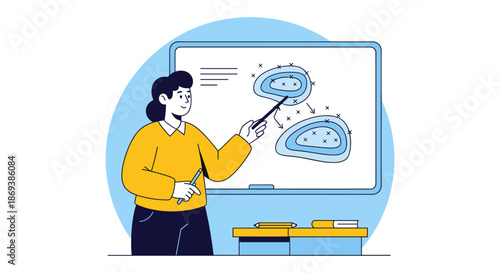 Woman teaching biology with digital illustration.