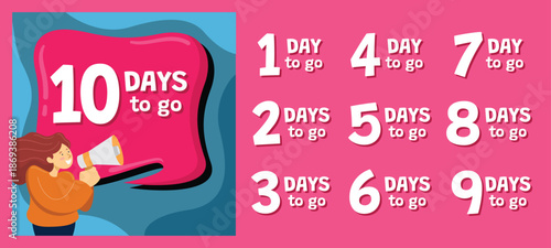 Countdown graphic ten days to go with a woman announcing with a megaphone