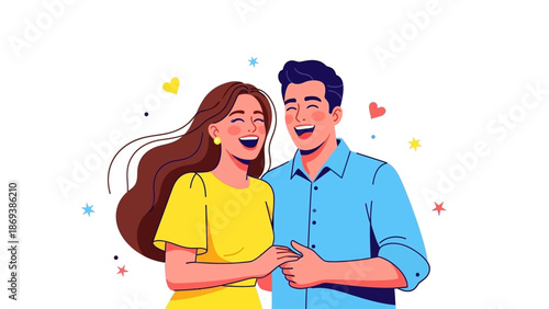 Happy couple laughing together in colorful vector illustration