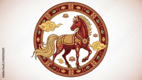 Majestic horse with golden mane and tail in ornate circular frame with clouds and floral patterns with illustration and digital and art and design