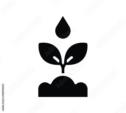 Minimalistic Icon of Plant Growth with Water Drop and Soil Element