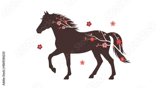 Dark brown horse silhouette with cherry blossom flowers on body and mane running on white background with elegance and freedom and movement and animal