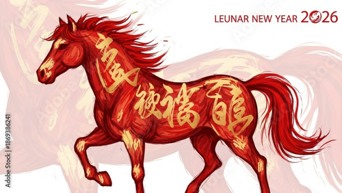 Vibrant red horse with golden chinese calligraphy symbols on body running on beige background lunar new year 2026 celebration with golden calligraphy