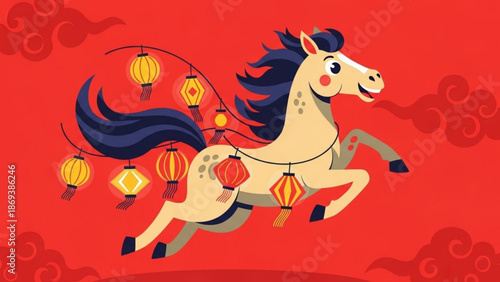 Cartoon horse runs with colorful lanterns on red background for chinese new year celebration with festival and happy and joyful and playful and whimsical