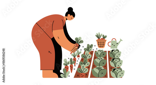 Woman Tending to Potted Plants Outdoors.