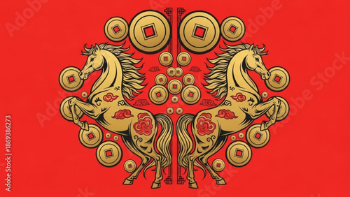 Golden horses with red and gold coins on red background for chinese new year celebration with festival and good luck and prosperity and wealth