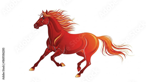 Vibrant red horse with flowing mane and tail runs dynamically on white background with running horse and illustration and equine and energy and speed