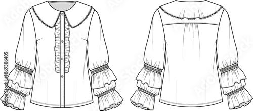 Ruffled blouse sketch, Peter Pan collar, lace trim, tiered sleeves, button-down front, fashion template, garment design, flat vector illustration