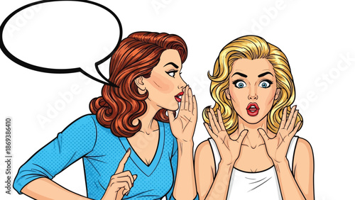 Woman whispering secret to surprised friend with empty speech bubble pop art comic