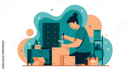 Woman Unpacking Boxes with Office Equipment.