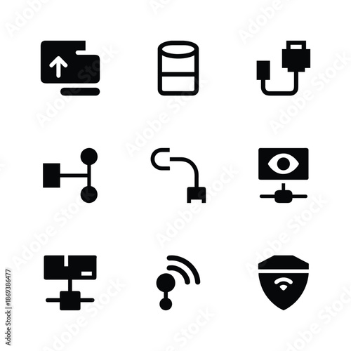 Set of Network Icons. Containing Router, Modem, Satellite and Fiber Optic Communication Symbols
