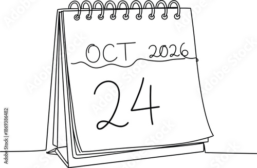 Loose-leaf calendar 2026 in one continuous line drawing. Symbol of memorable date and event day in simple linear style. Time planer concept in Editable stroke. Doodle oneline vector illustration.