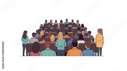 A crowd of people gathered in a meeting or presentation setting viewed from behind