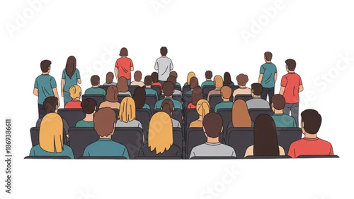 A crowd of people gathered in an auditorium listening to a presentation from a speaker on stage.