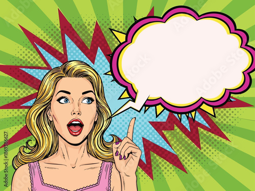 Pop art woman with blonde hair pointing finger with speech bubble and explosion vector illustration