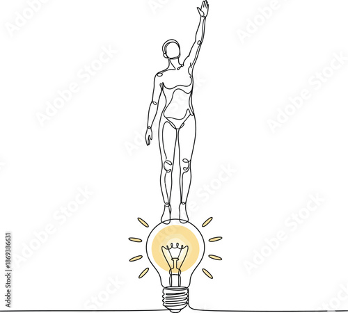 Single continuous line drawing a man in casual clothes with gestures got an idea in a lightbulb. Leadership spirit. Always think carefully. National Creativity Day. One line design vector illustration