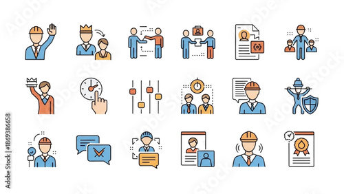 Illustrations of professionals engaged in various business activities and communication