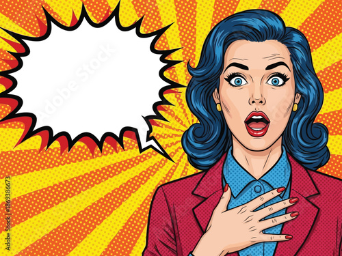 Pop art woman with blue hair surprised with hand on chest and speech bubble shocked