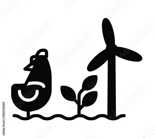 Black and White Minimalist Nature Illustration with Renewable Energy Elements