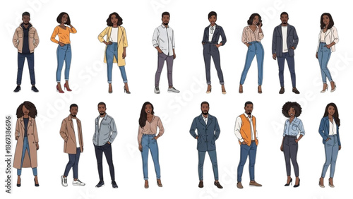 Diverse group of people standing in various poses and outfits