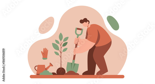 Man Planting Tree with Gardening Tools.