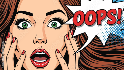 Pop Art Woman With Green Eyes And Red Lips Saying Oops With Hands