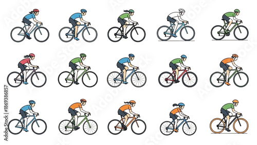 Cyclists riding bicycles in various colorful outfits on a white background from a side viewpoint