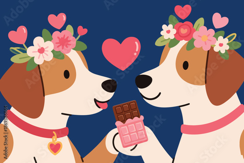 Two cartoon dogs sharing chocolate with flower crowns and heart collars on dark blue background.