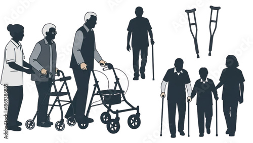 Elderly individuals with various disabilities being assisted by healthcare professionals in a clinical environment viewed from the side