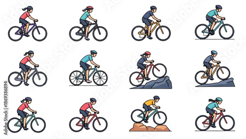 Cyclists riding bicycles on various terrains in different poses and attire