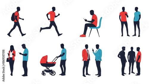 Silhouetted people engaging in various activities like running, resting, and interacting with others in a minimalist illustration style.