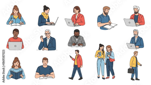 Diverse group of people working on laptops and conversing in a modern setting, illustrations showcasing various professions and activities.