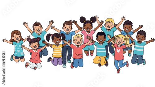 Diverse group of children jumping together happily in a playful scene outdoors