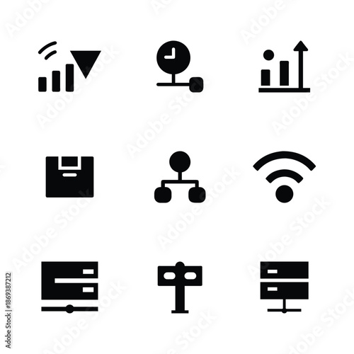 Set of Network Icons. Containing Router, Modem, Satellite and Fiber Optic Communication Symbols
