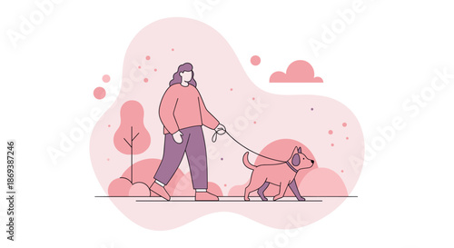 Woman Walking Dog on Leash Illustration.