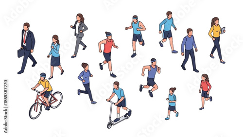 People engaging in various physical activities and commuting in a vibrant urban environment from an overhead viewpoint