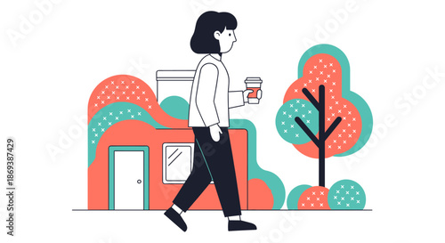 Woman Walking with Coffee in Hand.
