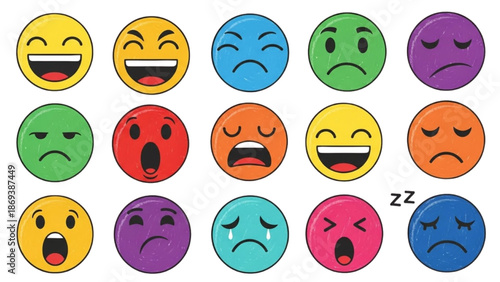 A diverse collection of colorful emoticon faces expressing various emotions and reactions in a grid layout
