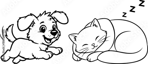 A playful dog and a sleeping cat in a black and white vector illustration