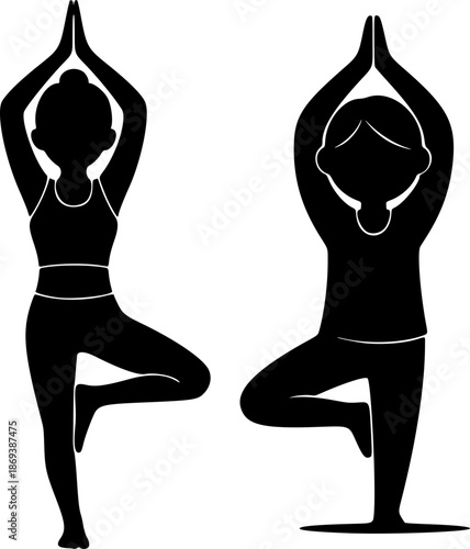 Two women in yoga tree pose with hands together in a minimalist vector illustration