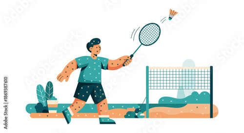 Man Playing Badminton with Racket and Shuttlecock.