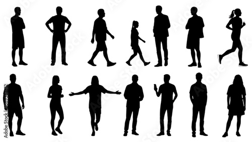 Silhouettes of diverse individuals in various poses and actions against a plain white background