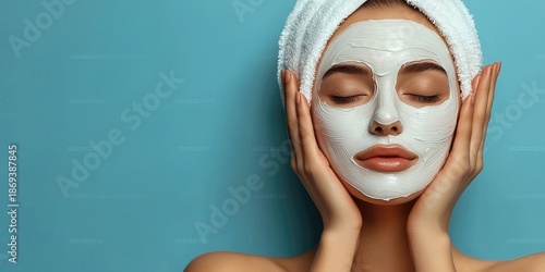 Woman with closed eyes applies white face mask, hands gently holding face, wrapped towel on head, blue background. Generative by AI.